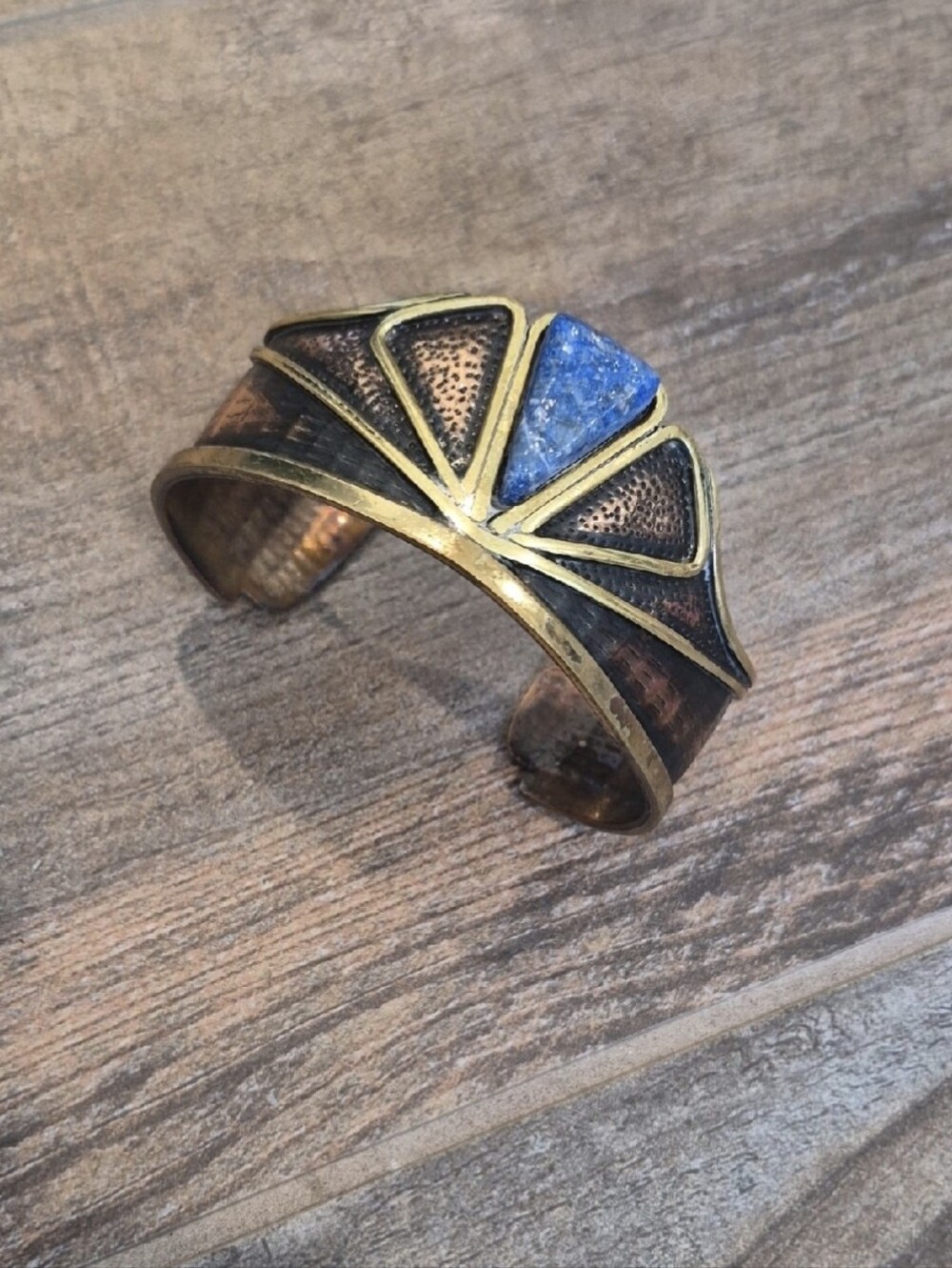 Vtg Chile Boho Chic Genuine Lapis Lazuli Gemstone Two Tone Copper Cuff Bracelet